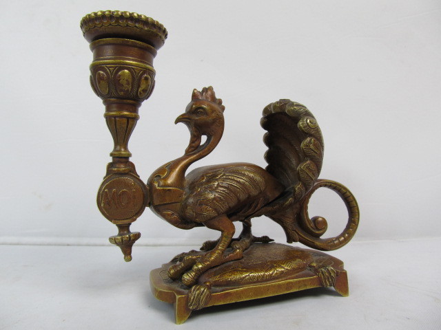 lot 4 image: Original Antique Figural Bronze Chamberstick Peacock Candle Holder