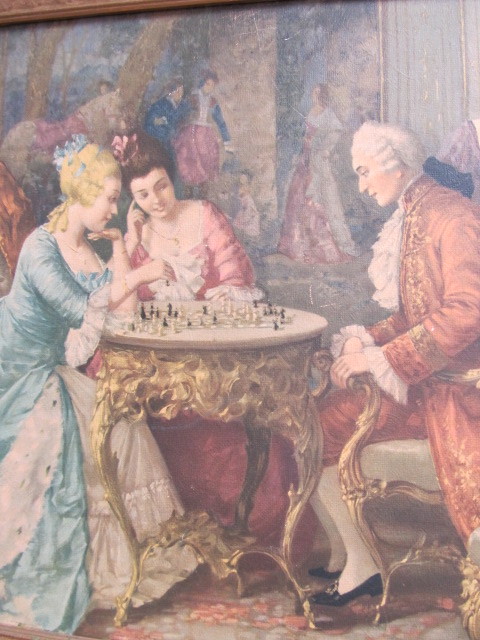 lot 165 image: Vintage Framed Victorian Party Scene Chess Match Print