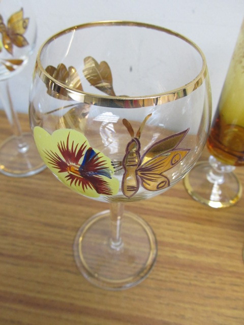 lot 168 image: 2 Sets of 4 Vintage Gold Decorated Crystal Glasses