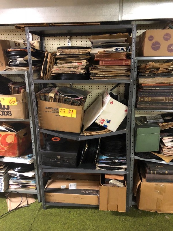 lot 14 image: Shelf with all the contents - LPs - CDs - 78s - RARE 16 23 RPM Records,  Promo Flyers