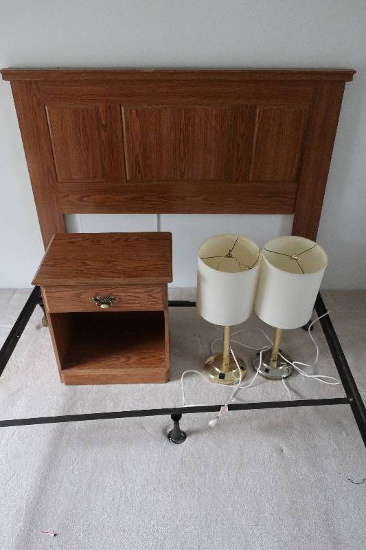 lot 145 image: Headboard, frame, table and lamps