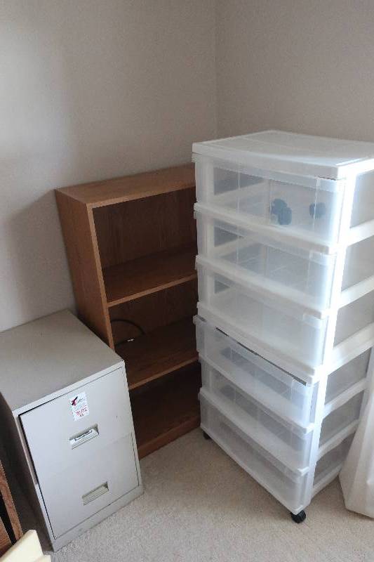 lot 158 image: Rolling organizers, bookcase and file cabinet