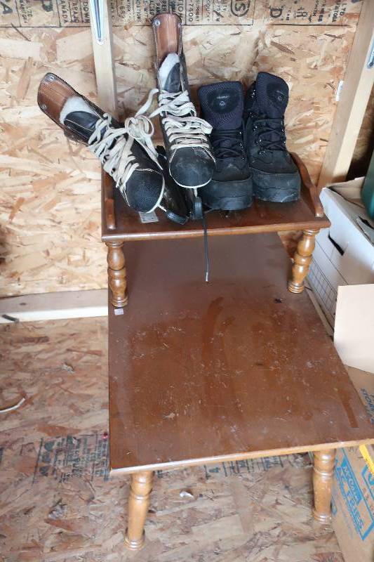 lot 161 image: End table, boots, and skates