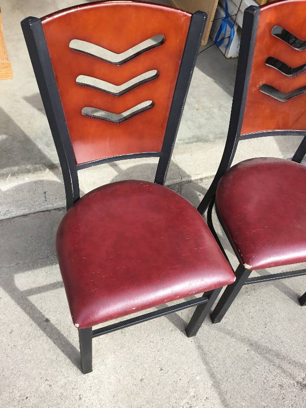 Two Chairs - with Wood Backs and Red Seats, Table, Stool and Garbage Can