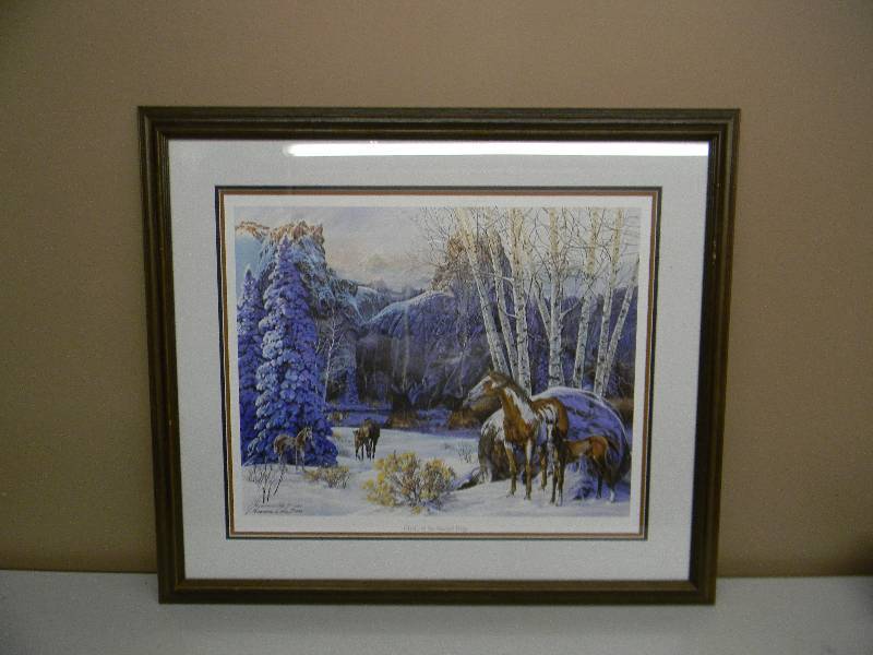 lot 12 image: CIRCLE OF THE SACRED DOGS BY JULIE KRAMER COLE - SIGNED WITH COA - APPROX 32 BY 28 - PROFESSIONALLY FRAMED - SEE PICTURES