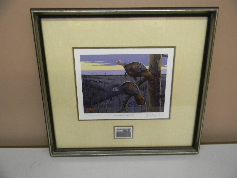 lot 21 image: GOOD MORNING CALEDONIA BY LES KOUBA - ARTIST PROOF WITH MN. WILD TURKEY STAMP - SIGNED WITH COA - 19 OF 150, RARE - APPROX 17 BY 16 - PROFESSIONALLY FRAMED - SEE PICTURES