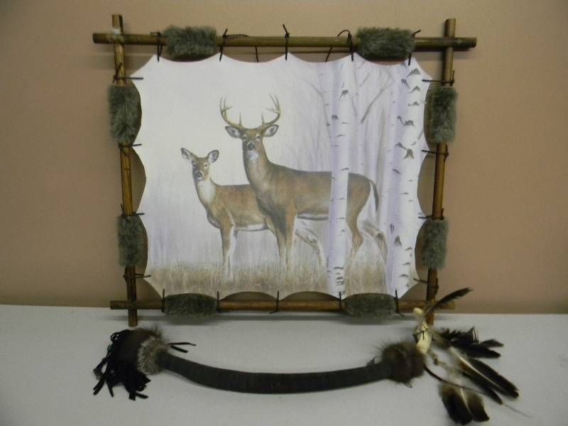 lot 22 image: INDIAN ART - BUCK & DOE - ON CANVAS - BONE WRAP TOMAHAWK - NICE SET - SEE PICTURES