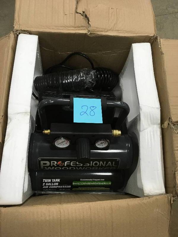 Professional Woodworker 2 Gal. Twin Stack Compressor with 1-14 in. Brad Nailer, On Board Storage for Nailer not used