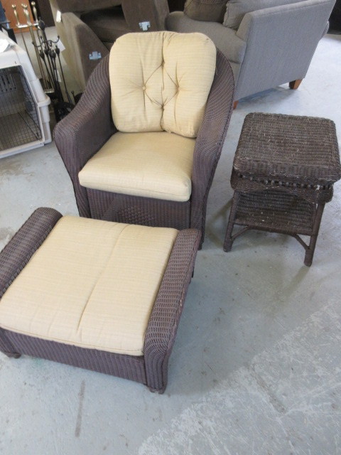 lot 530 image: RESIN WICKER CHAIR, OTTOMAN AND TABLE