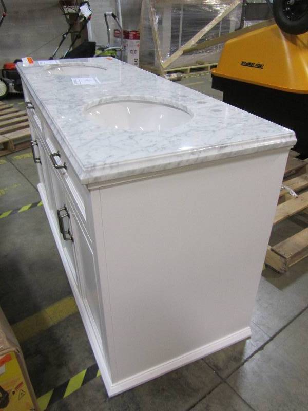lot 23 image: Home Decorators Collection Charleston 61 in. W x 22 in. D Double Bath Vanity in White with Natural Marble Vanity Top in White