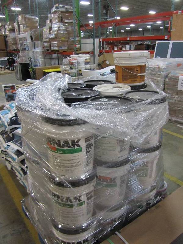 lot 55 image: Pallet of Sport Master Floor Finish, Karnak Roof Resealer, Pool and Decker Acrylic Stain (approximately 40 containers)