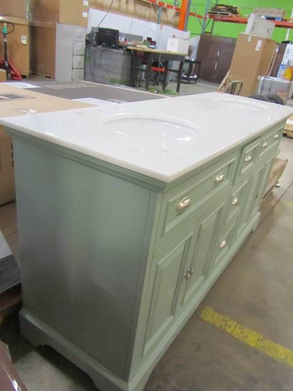 lot 64 image: Home Decorators Collection Sadie 67 in. Double Vanity in Antique Blue with Natural Marble Vanity Top in White with White Basin