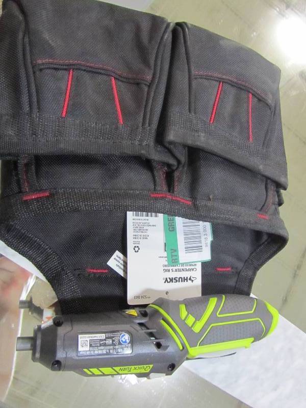 lot 75 image: Ryobi QuickTurn 4-Volt Lithium-Ion 14 in. Cordless Screwdriver, Husky 10-Pocket Contractors Rig