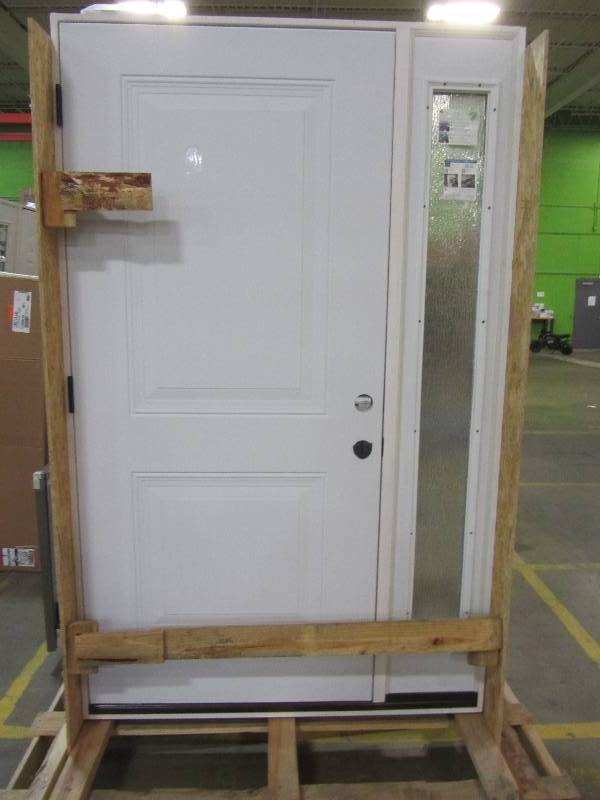 lot 94 image: Steves and Sons 51 in. x 80 in. Classic 2-Panel RHIS Primed White Steel Prehung Front Door with Single 12 in. Rain Glass Sidelites