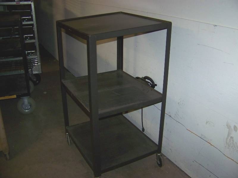 lot 14 image: General Use, Metal, Rolling 3-Shelf Utility Cart with Mounted Power Strip