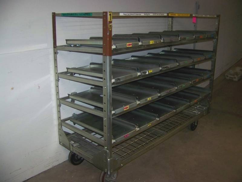lot 10 image: Large, Metal, Rolling, Heavy-Duty Industrial Warehouse Cart w Pull-Out Shelves and Locking Casters