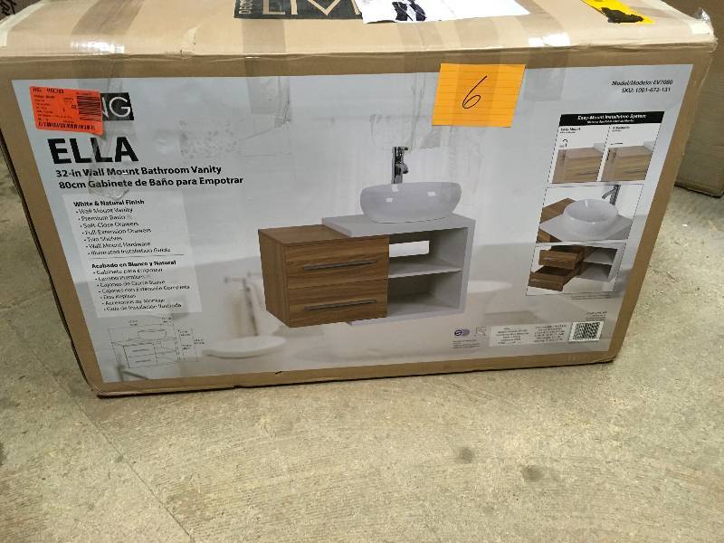 lot 6 image: DEcor Living Ella 32 in. W x 19 in. D Floating Vanity in Light Oak and White with Vitreous China Basin in White not used