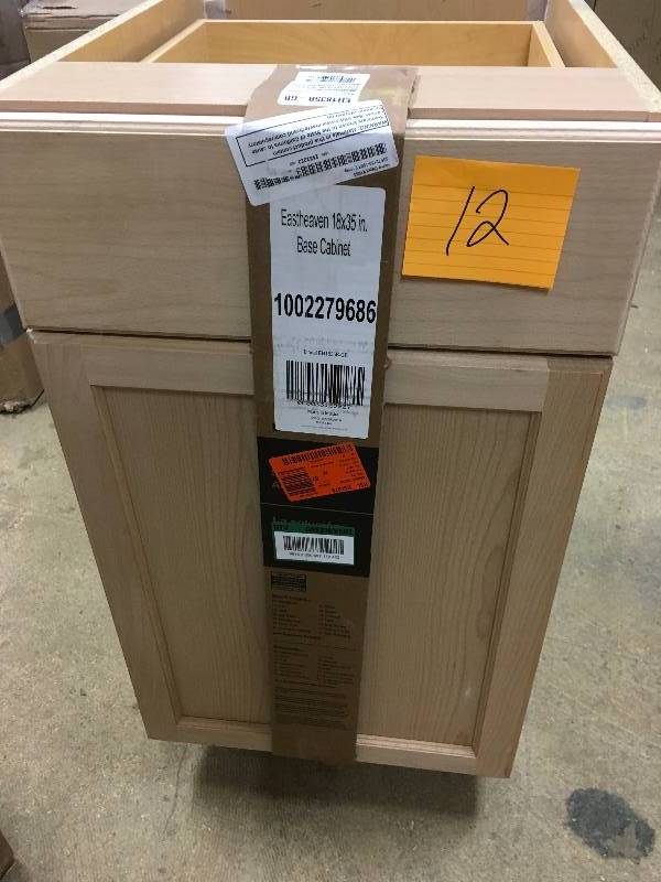 lot 12 image: Hampton Bay Assembled 18x34.5x24.63 in. Easthaven Base Cabinet with Drawer in Unfinished German Beech not used