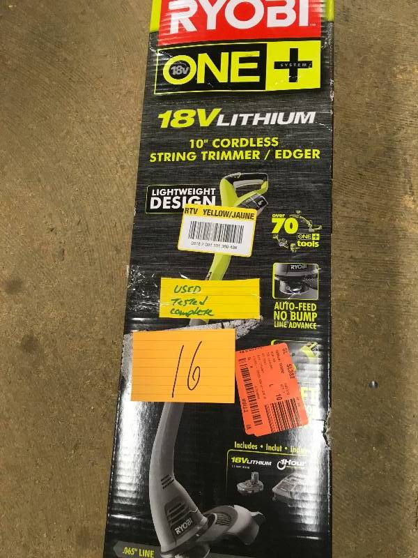 lot 16 image: Ryobi ONE 18-Volt Lithium-Ion Electric Cordless String Trimmer and Edger - 1.3 Ah Battery and Charger Included used in working condition