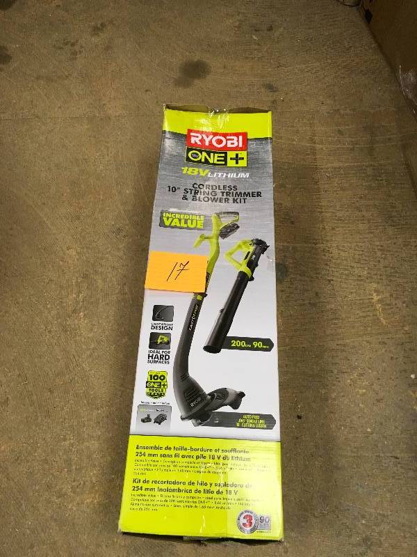 lot 17 image: Ryobi   ONE 18-Volt Lithium-Ion String TrimmerEdger and Blower Combo Kit 2.0 Ah Battery and Charger Included used in working condition