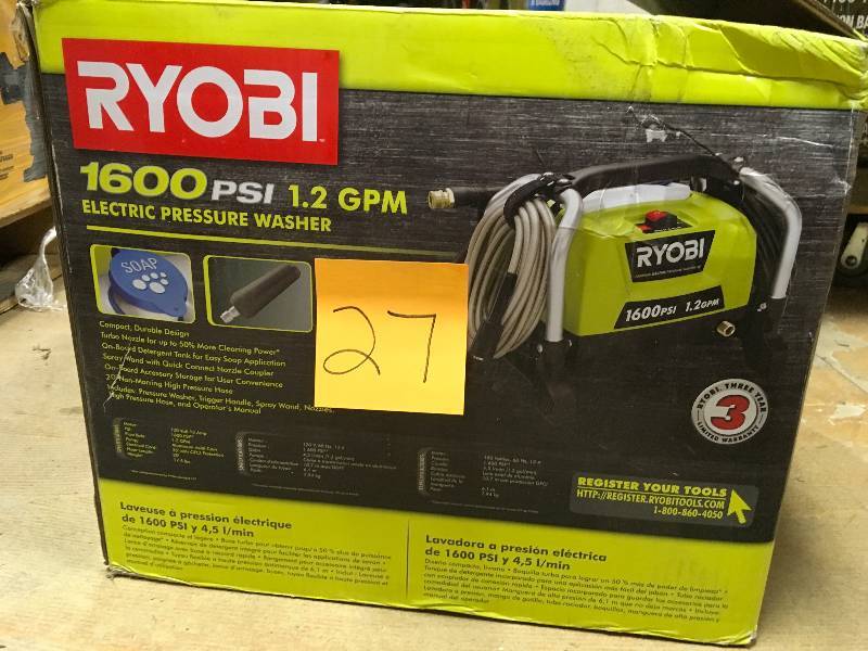 lot 27 image: Ryobi Pressure Washer Electric 1,600 PSI 1.2-GPM not used