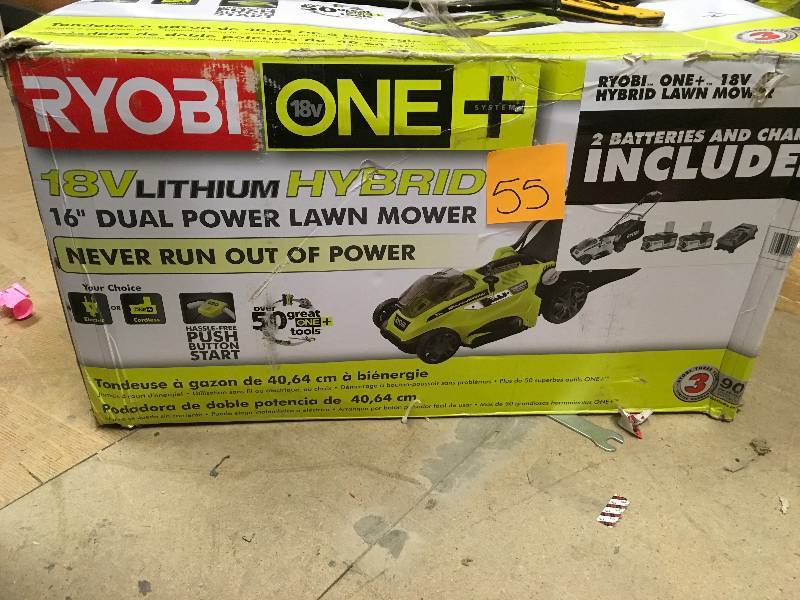 lot 55 image: Ryobi 16 in. ONE 18-Volt Lithium-Ion Hybrid Battery Walk Behind Push Lawn Mower 4.0 Ah Battery and Charger Included not used