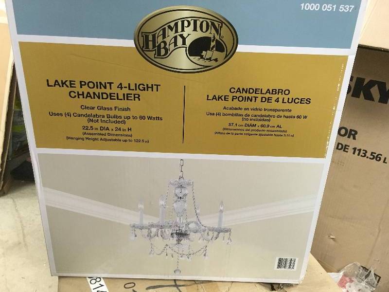 lot 87 image: Hampton Bay Chandeliers Lake Point 4-Light Clear Crystal and Chrome Chandelier new