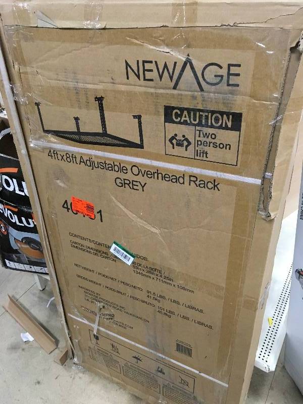 lot 100 image: New Age 4 ft x 8 ft adjustable overhead rack new Grey