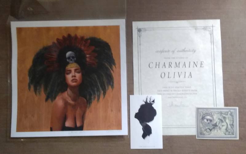 lot 9 image: Charmaine Olivia Print Feather & Skulls With COA
