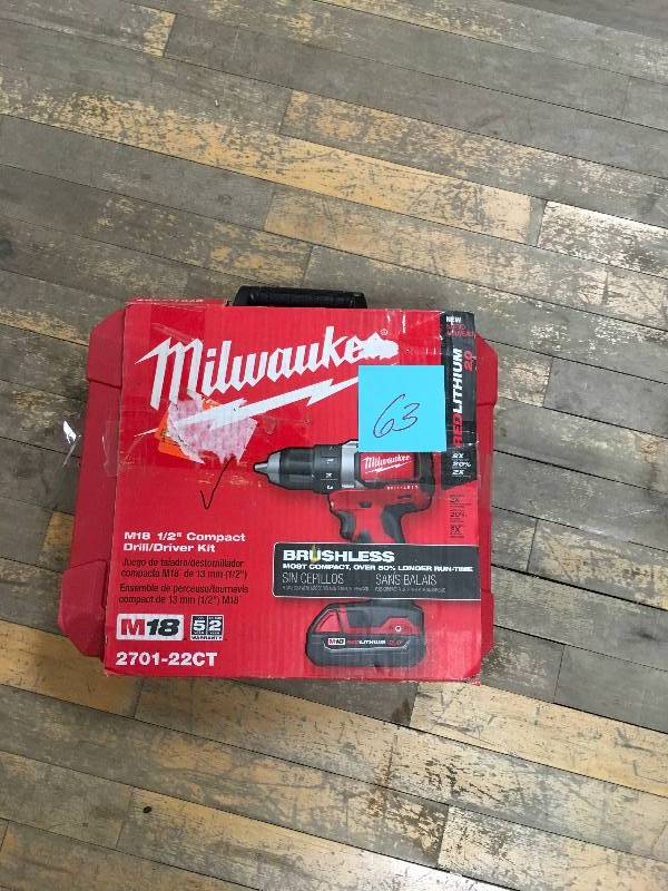 Milwaukee M18 18-Volt Lithium-Ion Brushless Cordless 12 in. Compact DrillDriver Kit W (2) 2.0Ah Batteries, Charger & Hard Case in good condition