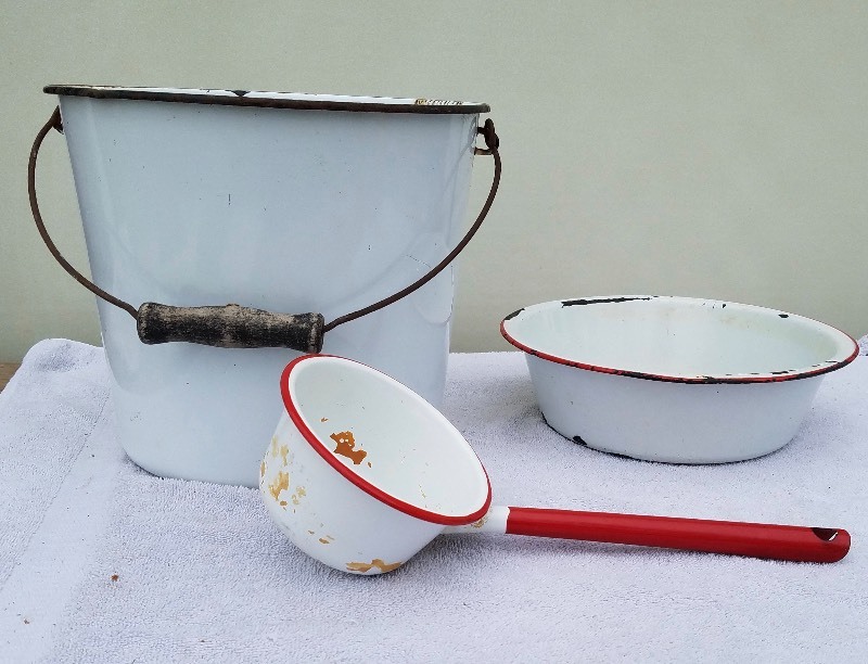 Antique Red & White Enamelware Bucket Pan and Water Scup
