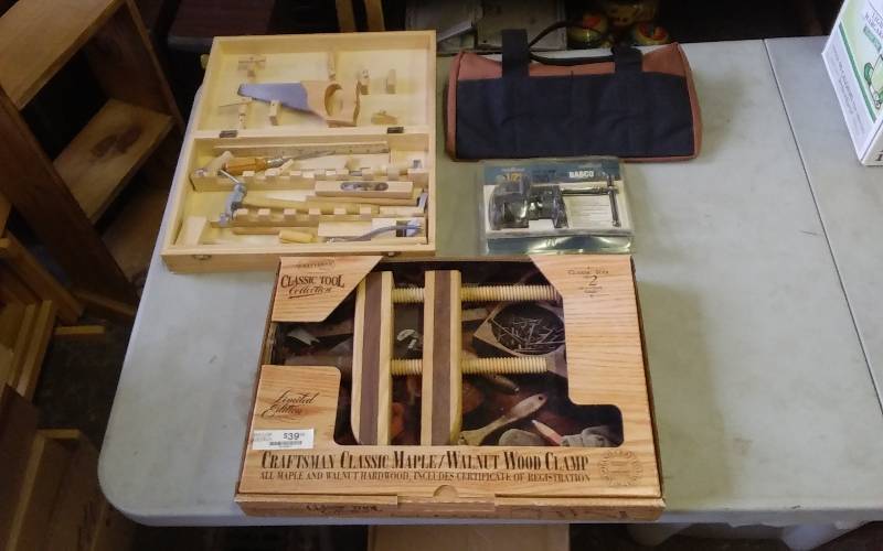 lot 21 image: Craftsman Maple & Walnut Wood Lamp, Pipe Clamp, Tool Bag, Toy Tool Set