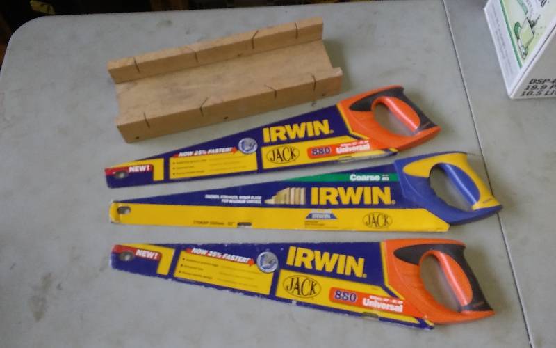 lot 22 image: 3 Irwin Hand Saws, 1 Wood Mitre Box
