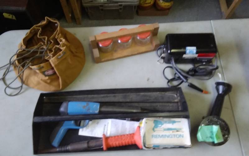 lot 27 image: 2 Remington Power Hammers With Nails, 2 Parts Organizers, Power Supply For Neon Light, Burner For Holland Grill