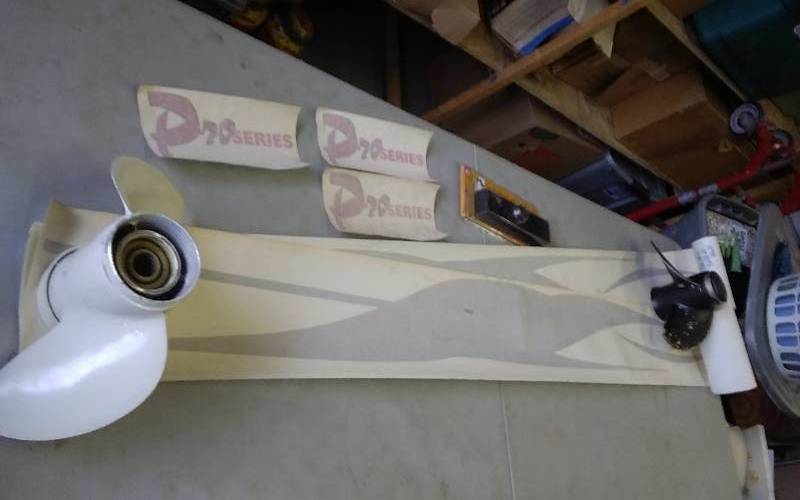 lot 37 image: 2 Props Evenrude Tracker Model TE40EVCEC Ser. G02305377, Boat Decals, Trolling Motor Lock