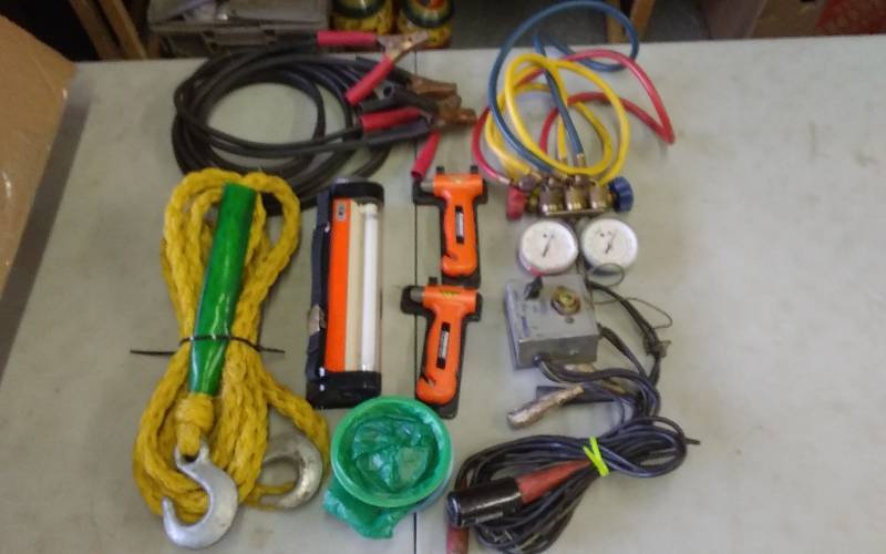 lot 42 image: 2-R12 AC Gauges, Jumper Cables, Tow Rope, Computer Tester, Emergency Light & Hammers