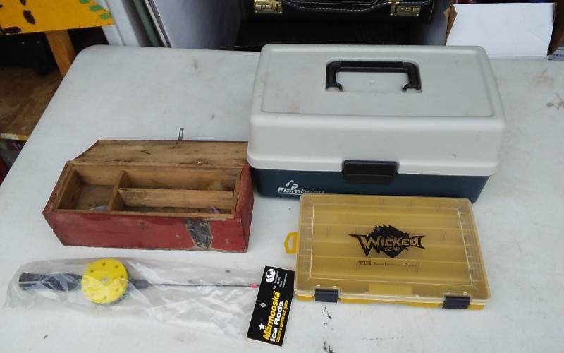 lot 54 image: Tackle Box, Organizer, Ice Rod, Vintage Wood Box With Some Jigs