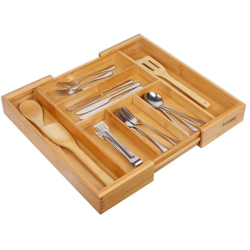 lot 30 image: New Expandable Bamboo Wooden Utensil Tray with 7 Compartments,Durable and Adjustable Cutlery Drawer Organizer,Nice Flatware Holder,Antimicrobial Drawer Divers (bamboo)