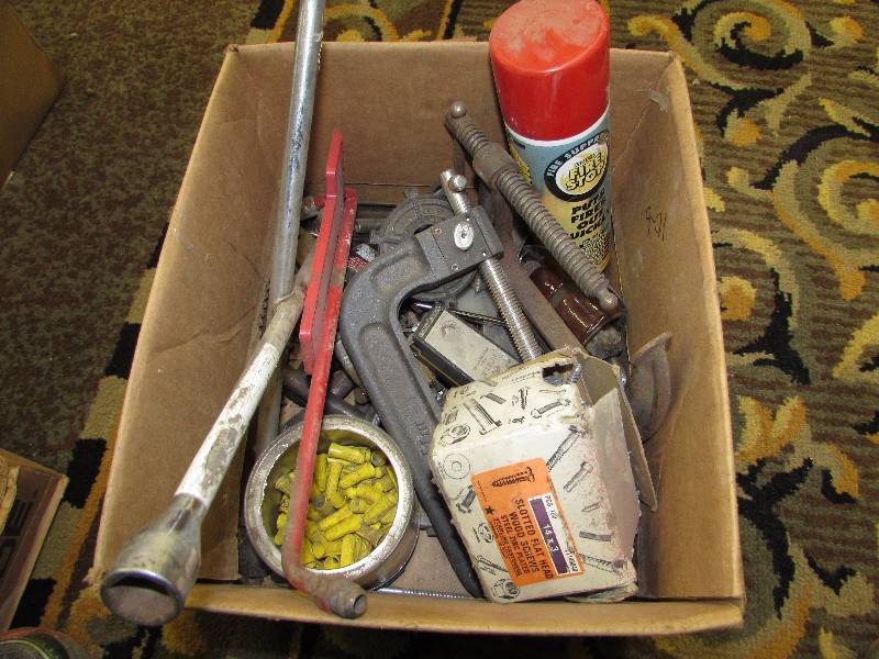 lot 247 image: BOX OF MISC TOOLS, C CLAMPS, TIRE WRENCH, SCREWS AND MORE