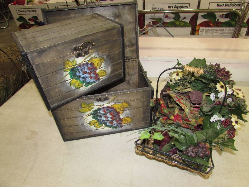 lot 266 image: TWO WOODEN DECOR BOXES AND BASKET
