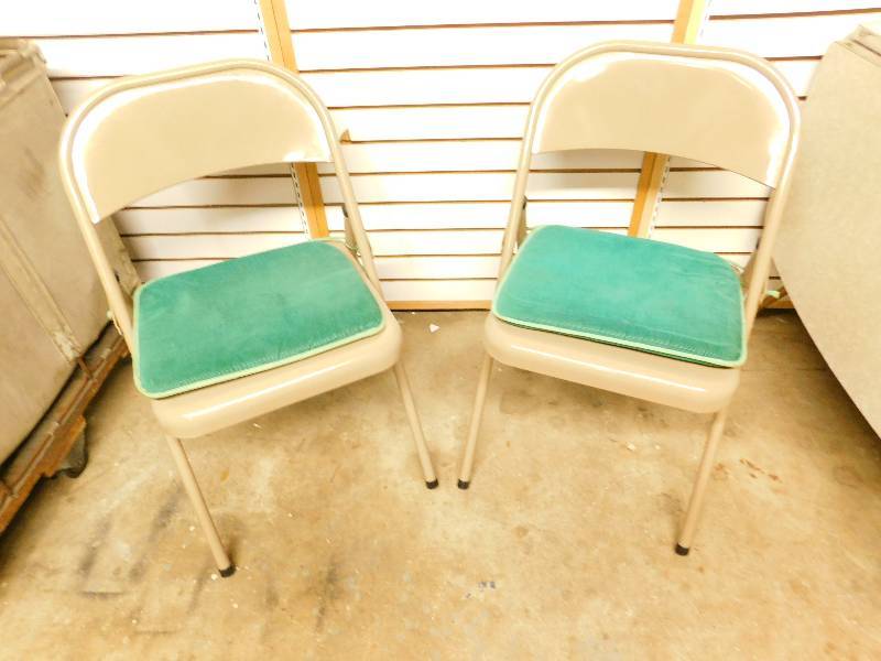 Meco Silver Bronze Folding Chairs With Green Cloth Seat Pads