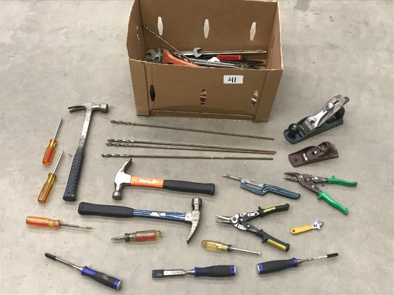 Box Of Assorted Hand Tools, Drill Bi...