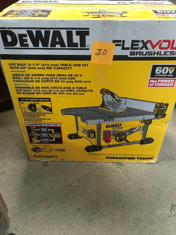 DEWALT FLEXVOLT 60-Volt MAX Lithium-Ion Cordless Brushless 8-14 in. Table Saw Kit with Battery 2Ah and Charger in good condition