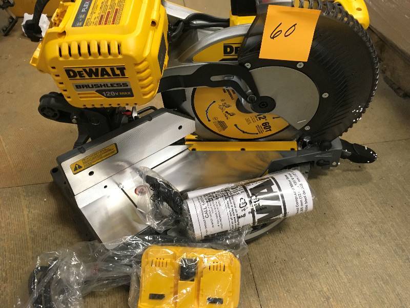 DEWALT FLEXVOLT 120-Volt MAX Lithium-Ion Cordless Brushless 12 in. Miter Saw w AC Adapter, (2) Batteries 2Ah and Charger slightly used