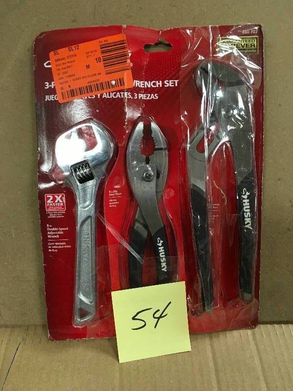 lot 54 image: Husky 8 in. Slip Joint Plier and 8 in. Adjustable Wrench with 10 in. Groove Joint Plier Set (3-Piece in good condition