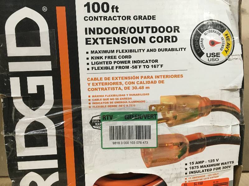 lot 61 image: Ridgid 100ft  indoor and outdoor extenion cord in good condition