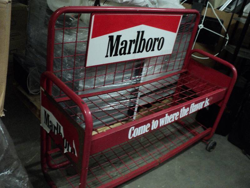 lot 5 image: Red Marlboro metal bench - 55 wide...