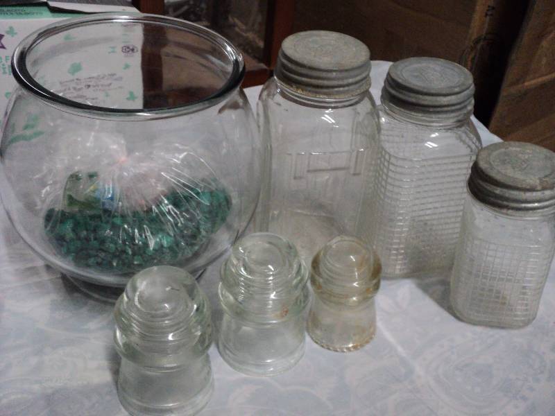 lot 32 image: vintage jars with lids, insulators ...