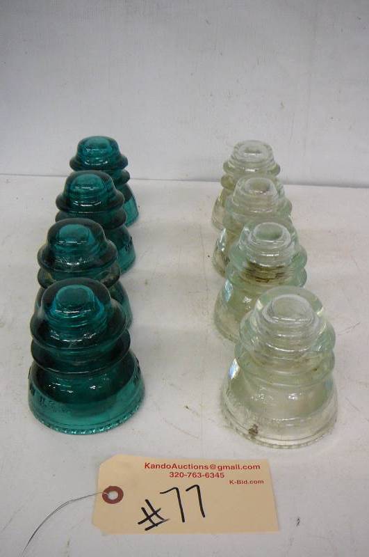lot 77 image: Glass power line insulators, telephone 8 count