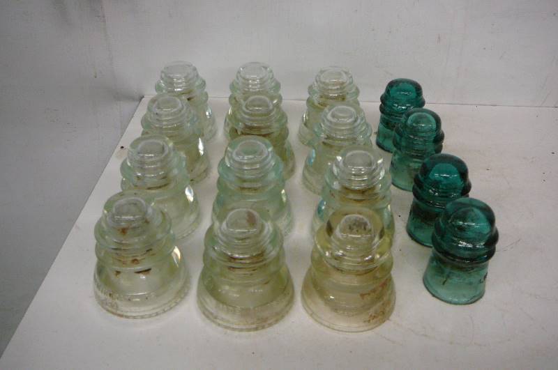 lot 87 image: Glass power line insulators Telephone 16 count